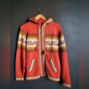 Aztec Boho Alpaca Style Full Zip Hooded Cardigan Sweater Jacket OS Unisex Ethnic